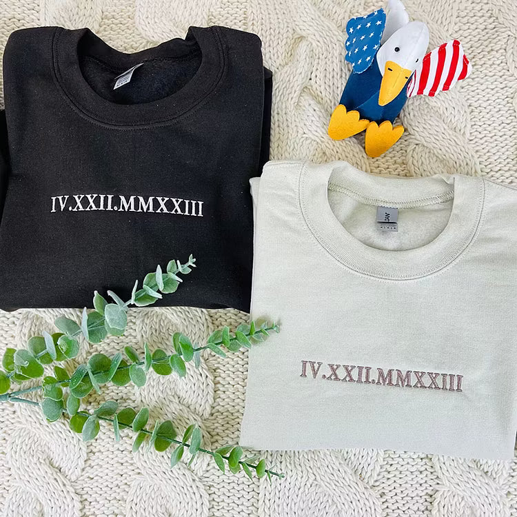 Custom Embroidered Roman Numeral Date Couples Shirt – T-Shirt, Crewneck & Hoodie (Middle chest placement)