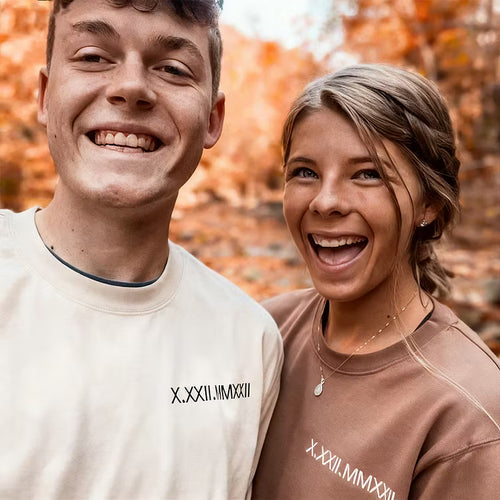 Custom Embroidered Roman Numeral Date Couples Shirt – T-Shirt, Crewneck & Hoodie (Left chest placement)
