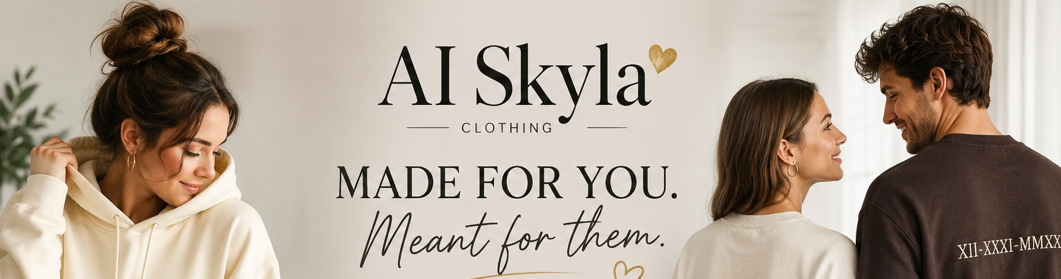 Promotional image of AI Skyla clothing with personalized apparel and gifts.