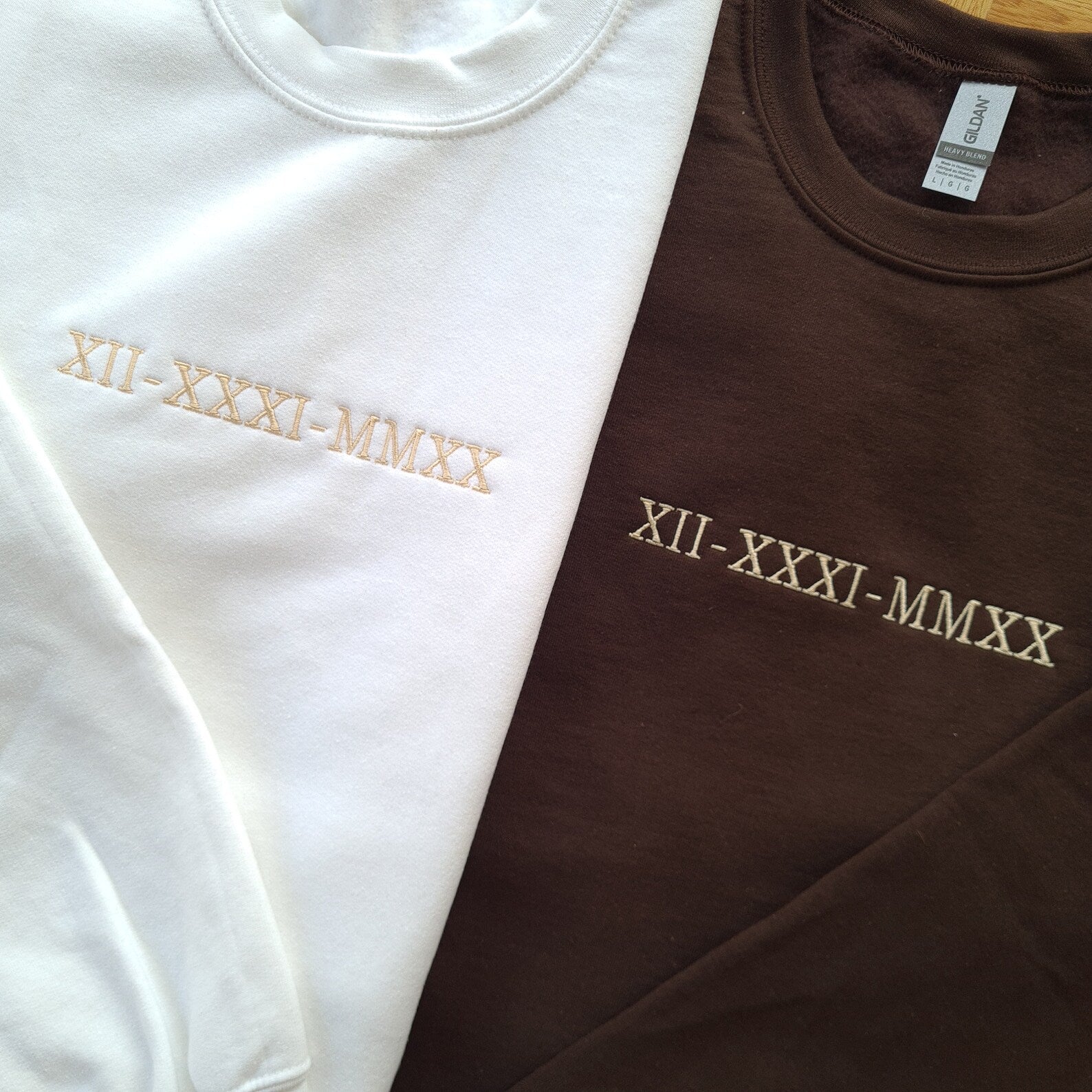 Custom Embroidered Roman Numeral Date Couples Shirt – T-Shirt, Crewneck & Hoodie (Middle chest placement)