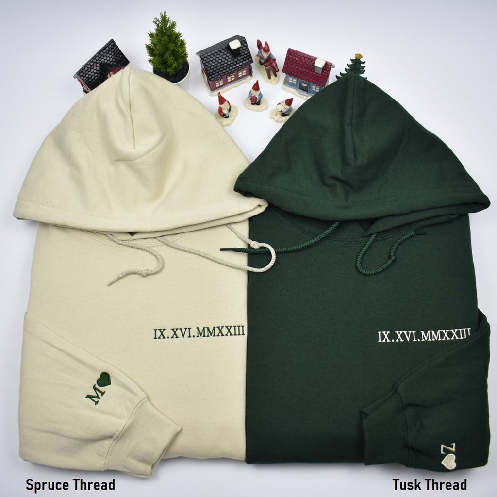 Custom Embroidered Roman Numeral Date Couples Shirt – T-Shirt, Crewneck & Hoodie (Left chest placement)