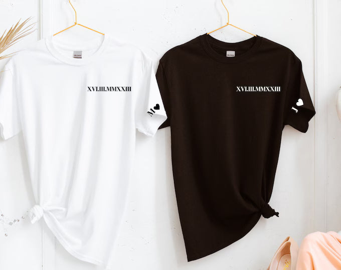 Custom Embroidered Roman Numeral Date Couples Shirt – T-Shirt, Crewneck & Hoodie (Left chest placement)
